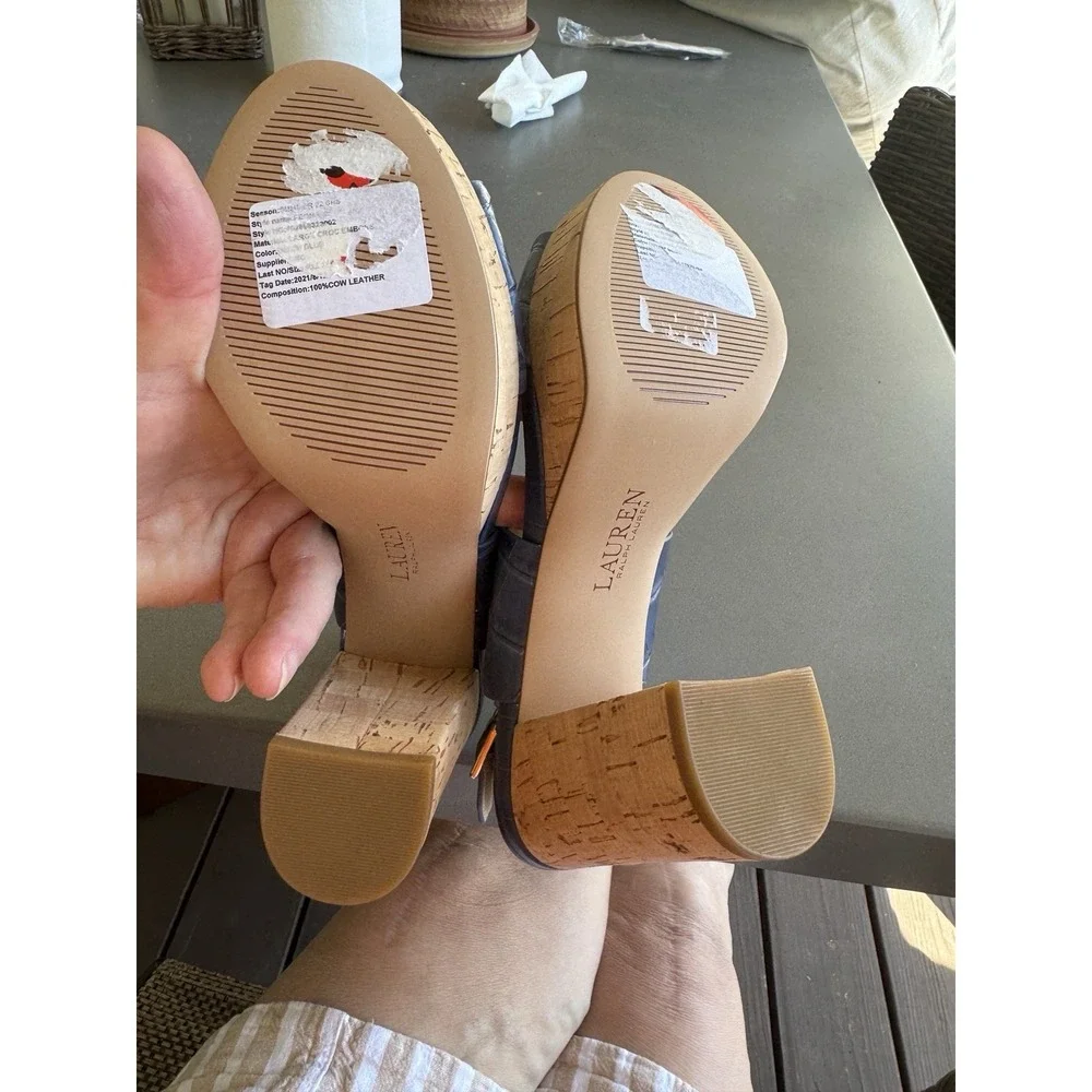 Lauren Ralph Lauren Feona blue Embossed Platform Sandals Buff Size 6